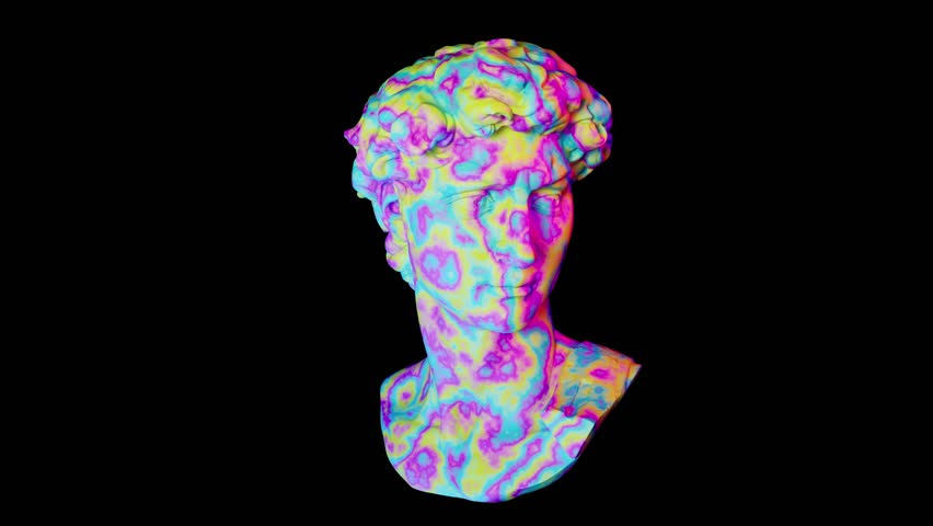 Talking iridescent surface head of an ancient sculpture of David rotate animation, a modern dual pink blue lighting, contemporary art element,isolated,black background,3d rendering | Shutterstock HD Video #1100354245