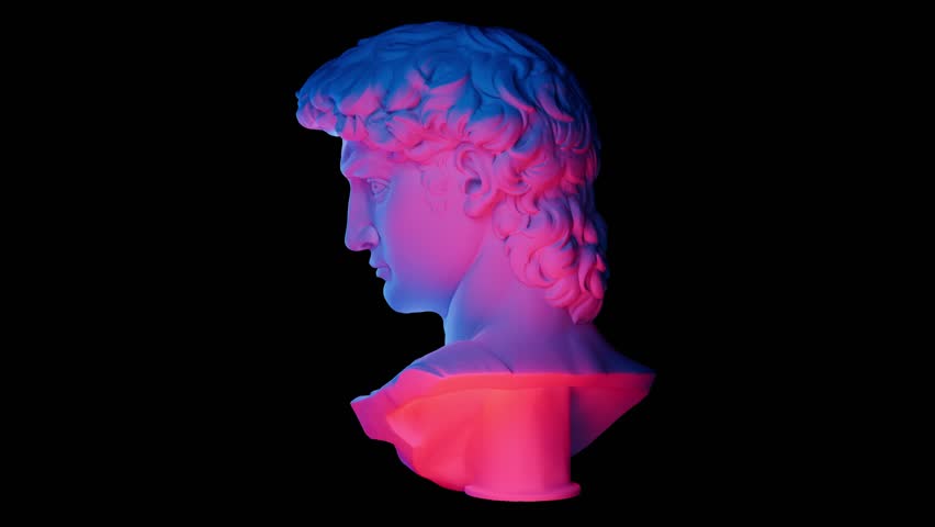 Talking turning head of an ancient sculpture of David rotate animation, a modern dual pink blue lighting, contemporary art element,isolated,black background,3d rendering | Shutterstock HD Video #1100354251