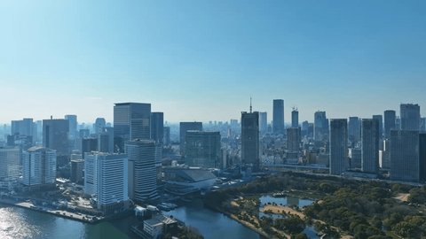 Modern urban waterfront city aerial view. Drone point of view.の動画素材