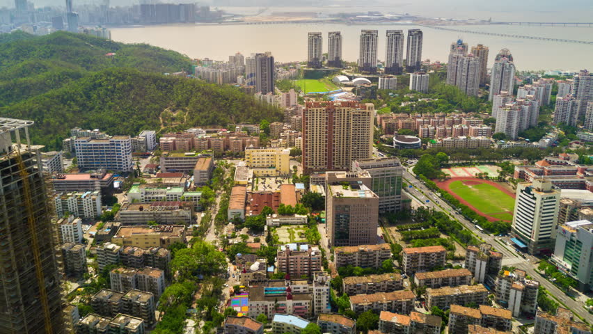 sunny day zhuhai cityscape bay aerial panoramic 4k time lapse china
