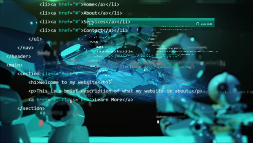 robot or chatbor with ai working on human jobs. Humanoid typing on virtual hud style interface keyboard and typing some code programming language concept Royalty-Free Stock Footage #1100356707