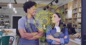 Animation of data processing over diverse people working in shop. Global shopping, business, finance, computing and data processing concept digitally generated video.