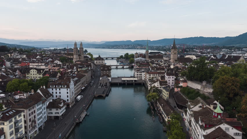 Establishing Aerial View Shot of Zurich, Switzerland, overcast, nice light | Shutterstock HD Video #1100356905