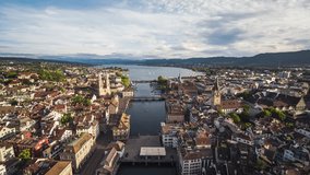 Establishing Aerial View Shot of Zurich, Switzerland, wonderful light