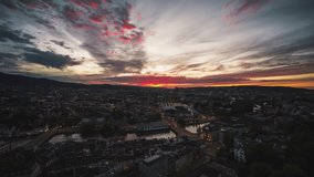 Establishing Aerial View Shot of Zurich, Switzerland, sunset time