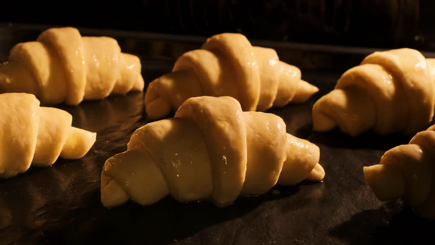 French croissants baking in oven. Timelapse of freshly baked croissants. Bakery concept. Yummy pastry. Homemade bakery. Breakfast. Delicious croissants rising up in oven. Close-up in 4K, UHD Royalty-Free Stock Footage #1100361807