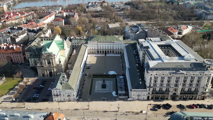 Aerial shot of Palac Prezydencki (Presidential Palace) in Warsaw city, Poland