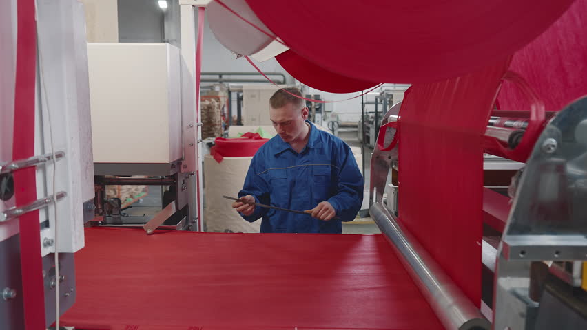 Worker Measures Ecological Textile. Automated Machine Manufactures Eco Bags. Factory Worker Ispects Production. Machine Processing Ecological Material. Worker Checks Ecological Fabric On Machine