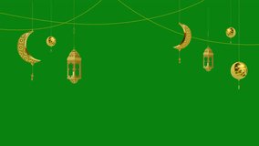 Ramadan lantern, ball, and moon animation on a green screen. Ramadan lanterns and the moon hang down from top to bottom with key colors. Chroma key
