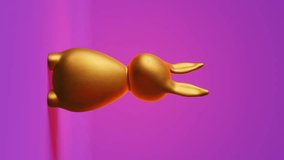 Shiny golden bunny rabbit futuristic purple neon light vertical 3d motion graphic animation 4K.Contemporary creative minimalist style Modern Easter party pop-art design Social media content template
