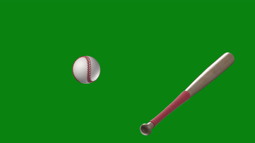 A baseball bat on the green ground hits the ball toward the screen. Baseball ball transition with key color. Chroma key