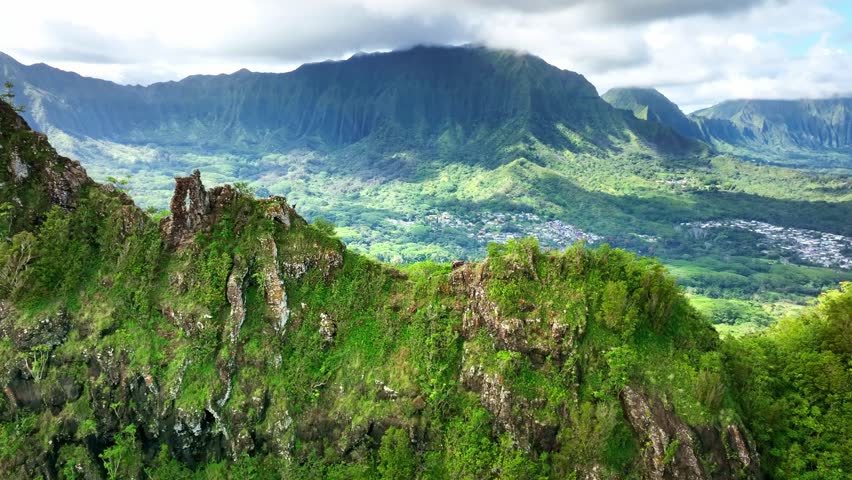 Drone Hawaii. Hiking olomana trail. Aerial view of Oahu windward side. Three Peaks Trail, mountains landscape in Kailua. nature tourism destination landmark in Hawaiian tropical paradise.