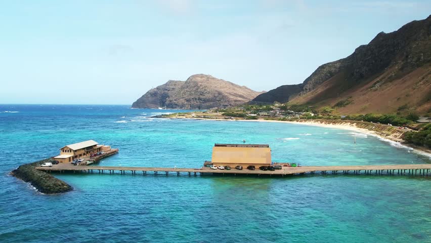 Drone Hawaii. Aerial view pier on Oahu. Makapuu Beach, Hawaiian coastal landscape 