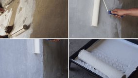 Wall painting, repair with white paint collage. White paint is applied with a roller on a concrete wall