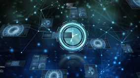 Animation of clock, scopes scanning and data processing on dark background. Global computing, connections, communication and data processing concept digitally generated video. - Powered by Shutterstock - Get 15% off with code: PIKWIZARD15