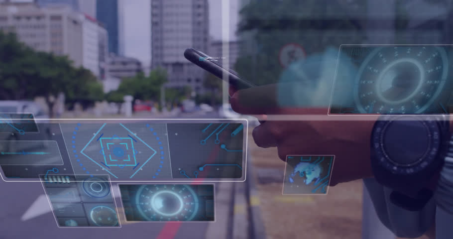 Animation of scopes scanning and data processing over man using smartphone. Global computing, connections, communication and data processing concept digitally generated video. | Shutterstock HD Video #1100380583