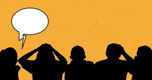 Animation of speech bubbles over children silhouettes on orange background. Education, learning and data processing concept digitally generated video.
