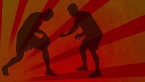 Animation of basketball players silhouettes over shapes on orange background. Sport, competition and movement concept digitally generated video.
