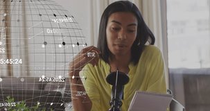 Animation of numbers and globe over biracial woman on makeup vlog. Global social media and online vlogging concept digitally generated video.