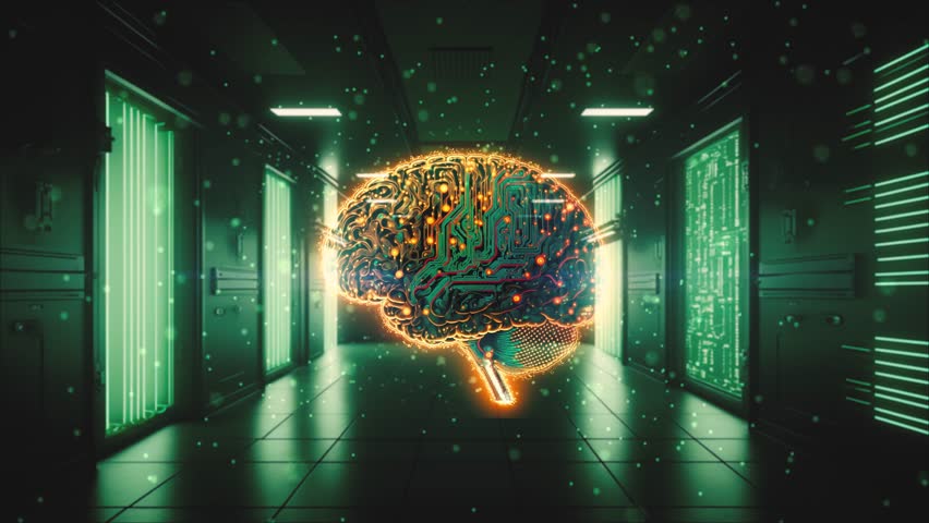 The video begins with a slow pan over a long green corridor, filled with an intricate network of digital code symbols projected on the walls. large digital human brain in a hovering