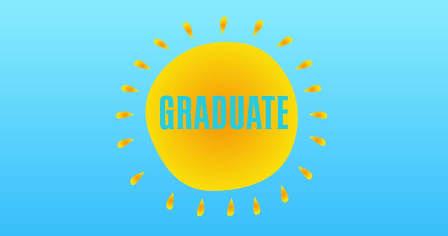 Graduate text in the center of a yellow hot summer sun on blue sky. Simple animation of a bright orange sunlight. Royalty-Free Stock Footage #1100384687