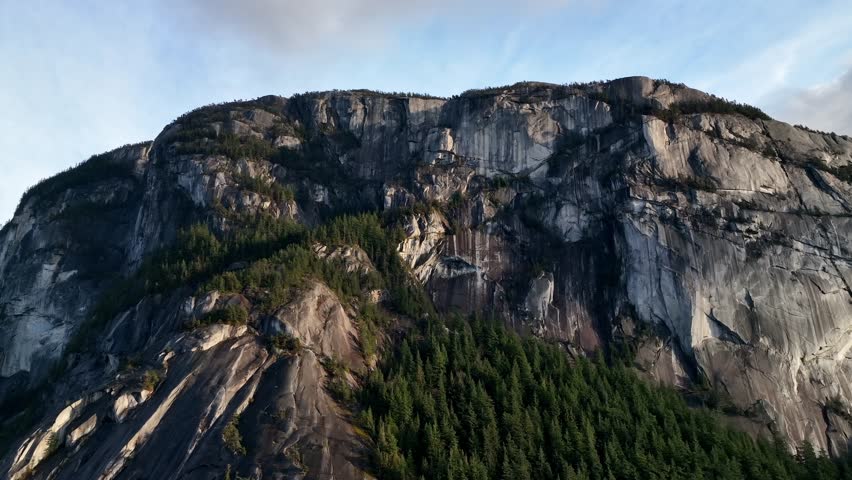 Massive Granite Rock Mountain Of Stawamus Chief In Squamish, British Columbia, Canada. Aerial Shot