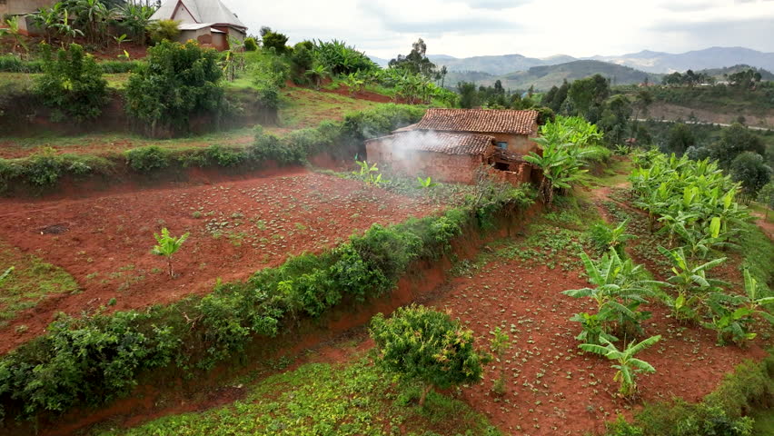 Drone moves left to right around a rural home on a terraced mountain side in Rwanda. Smoke comes from cooking inside the home. The family is outside near end of shot.