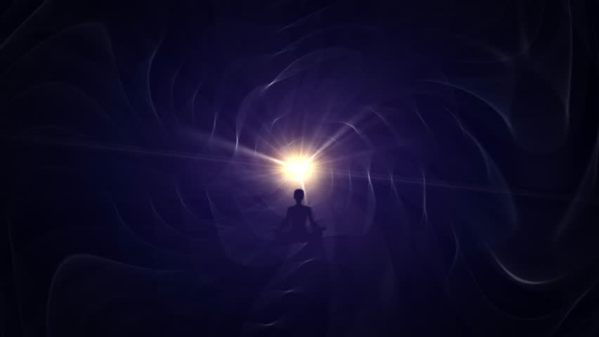 Spiritual journey of meditating man in lotus yoga position traveling seated in a purple tunnel with glowing light in background. Motion graphic animation | Shutterstock HD Video #1100385501