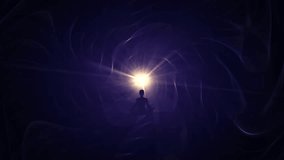 Spiritual journey of meditating man in lotus yoga position traveling seated in a purple tunnel with glowing light in background. Motion graphic animation