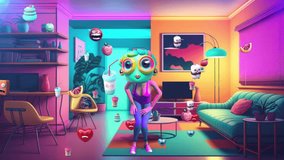 3D Interior. Funny and quirky female dancer appears, wearing a big crazy head and vibrant clothes. The dancer moves rhythmically to the beat of an upbeat electronic tune