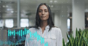 Animation of data processing over biracial businesswoman smiling in office. Global business and digital interface concept digitally generated video.