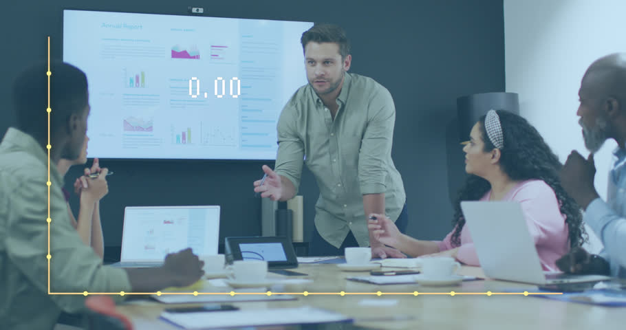 Animation of data processing over diverse business people working in office. Global business and digital interface concept digitally generated video. | Shutterstock HD Video #1100387701