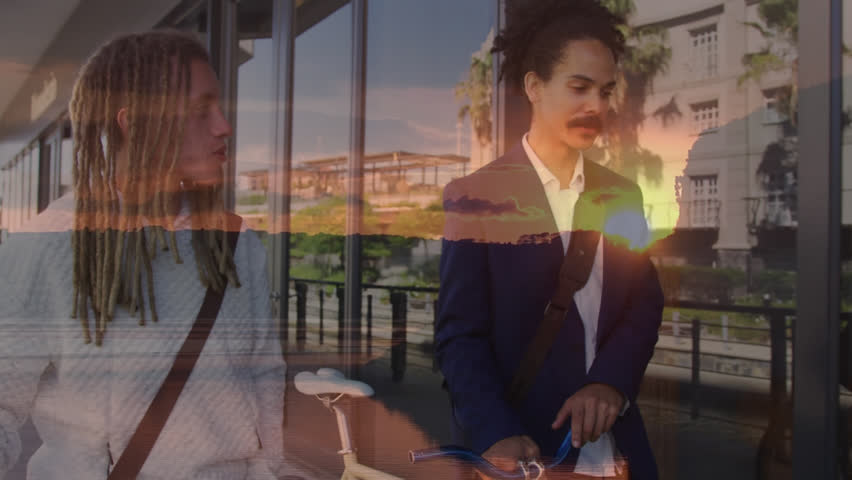 Animation of landscape over two smiling men walking in city with bike. Global networks, business, finance, computing and data processing concept digitally generated video.