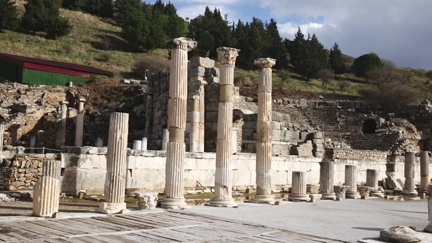 Aerial view of remains of small Odeon used as bouleuterion and theatre and State Agora columns in Greek settlement of Ephesus after reconstruction