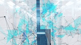 Animation of shapes moving and data processing over server room. Global business and digital interface concept digitally generated video.
