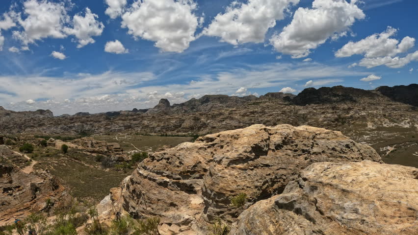 Isalo National Park. Panoramic view of wilderness landscape with water erosion into rocky outcrops, plateaus, extensive plains and deep canyons. Beautiful Madagascar panorama landscape with blue sky.