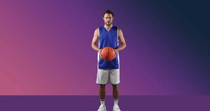 Animation of caucasian basketball player with ball over purple and blue balls. Sports and competition concept digitally generated video.