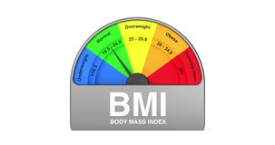 4k Resolution Video: BMI or Body Mass Index Scale Meter Dial Gage Icon Shows Different Body Mass Index on a white background with Alpha Matte