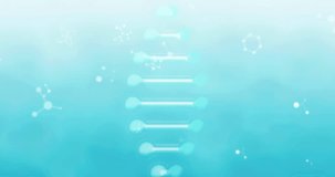 Animation of macro of dna strand spinning and molecules over blue background. Science and research concept digitally generated video.