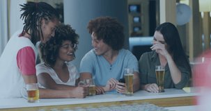 Animation of clock over diverse friends having drink in bar. Leisure, free time and celebration concept digitally generated video.