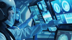 Team of astronauts in a space suits aboard the orbital station. A crew of cosmonauts piloting the spaceship. Man and woman in space. Galactic travel and science concept. - Powered by Shutterstock - Get 15% off with code: PIKWIZARD15