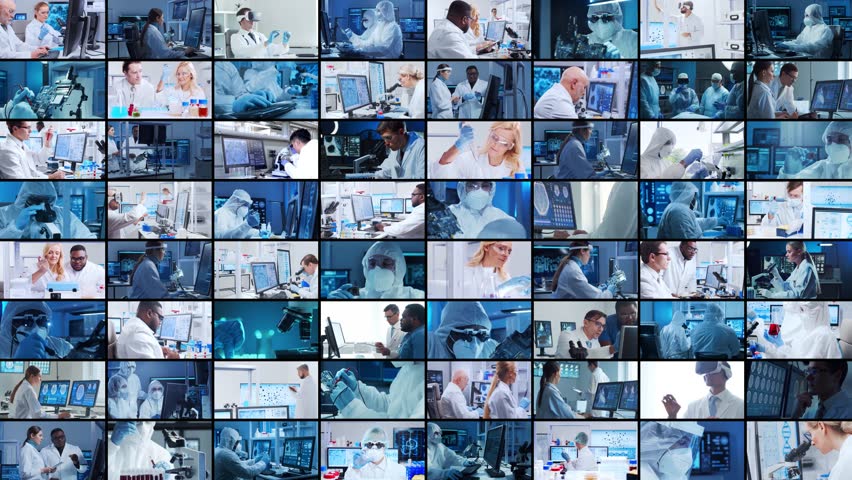 Science, research and laboratory work concept. Diverse people work in modern science labs. Doctors, professors and lab assistants conduct medical, nanotechnological and microelectronic research. Royalty-Free Stock Footage #1100394955