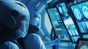 Team of astronauts in a space suits aboard the orbital station. A crew of cosmonauts piloting the spaceship. Man and woman in space. Galactic travel and science concept. - Powered by Shutterstock - Get 15% off with code: PIKWIZARD15