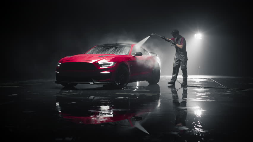 Advertising Style Footage of a Professional Car Wash Specialist Using a High Pressure Washer to Clean and Prepare a Red Sports Coupe for Detailing, Polishing and Waxing. Slow Motion Shot