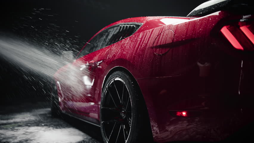 Car Wash Detailer Spraying Smart Foam to Clean the Exterior of a Tuned Red Sports Coupe at a Performance Car Dealership. Advertising Style Footage of a Professional Hand Car Wash Service | Shutterstock HD Video #1100395861