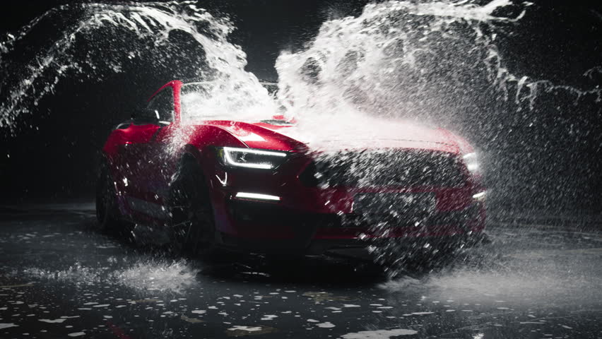 Stylish Automotive Commercial Action Footage with Splashing Water Over an Fast Powerful Red Sportscar. Car Advertising in a Dark Studio. Beauty Three-Quarters Shot of a Modern American Muscle Coupe