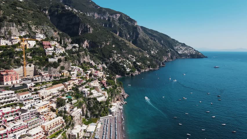 Positano Amalfi Coast Italy drone 4k aerial view sea tourist beach famous coast europe mediterranean panoramic beautiful destination footage video | Shutterstock HD Video #1100397513