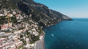 Positano Amalfi Coast Italy drone 4k aerial view sea tourist beach famous coast europe mediterranean panoramic beautiful destination footage video