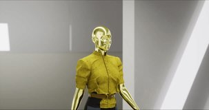 3D Fashion Show. The Virtual Female Model Walks Down the Runway. A Trendy Fashionable Yellow and Black Suit. Meeting in Virtual Space, Meta Show, Artificial World. Concept of Gamification and