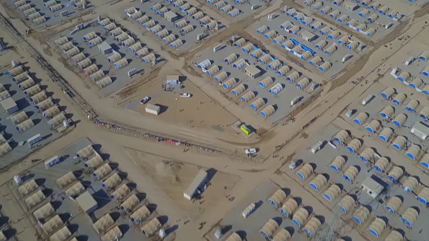 Aerial view of a refugee camp in Iraq. The camp is located in northern Iraq, about 60 kilometers from Mosul on the road to Erbil. It hosts tens of thousands of refugees.